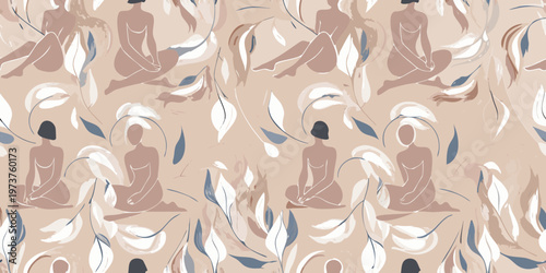 Elegant nude female figures and floral patterns in a repeating design