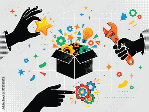 Creative problem solving with tools and colorful gears coming out of a box with hands holding star and wrench