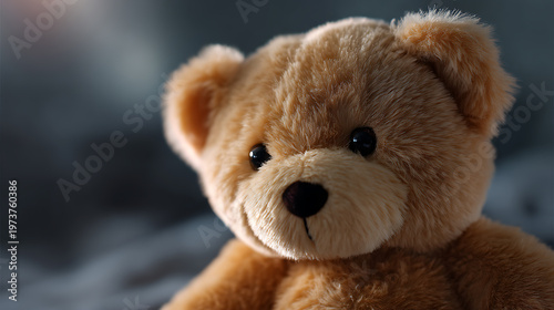 A close-up of a teddy bear with soft fur and expressive eyes, evoking feelings of comfort and nostalgia.