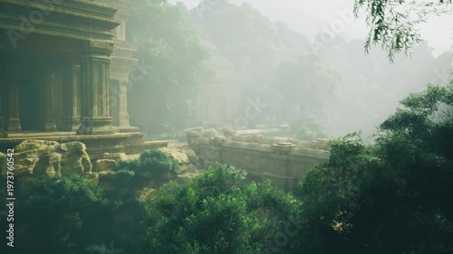 Overgrown stone terraces reclaimed by jungle, roots and vines threading through weathered blocks, layered platforms disappear into dense green, sense of nature