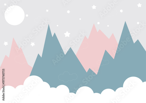 A flat vector illustration of a peaceful mountain landscape at night. Layered pink and teal mountains rise from a bed of white clouds against a starry sky with a large full moon.