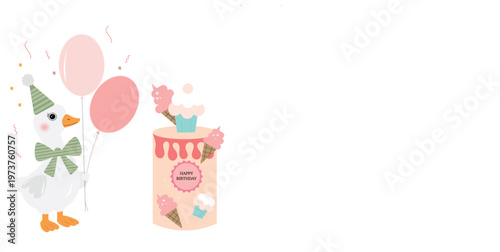 A greeting card for children featuring a goose with balloons and a cake