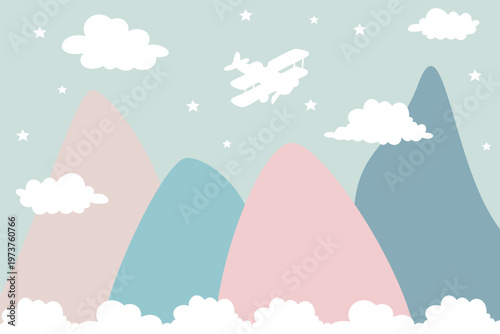 A minimalist 2D illustration of pastel pink and blue hills under a soft grey sky. A white biplane silhouette flies among fluffy clouds and small stars in a calm, stylized landscape.