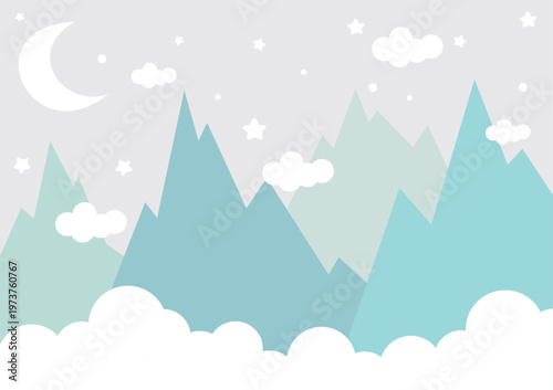 A flat vector illustration of a peaceful mountain landscape at night. Layered teal and grey mountains rise from a bed of white clouds against a starry sky with a crescent moon.
