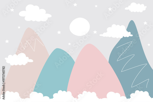 A flat vector illustration of pastel pink and blue mountains under a full moon and starry sky. White fluffy clouds drift across the peaks, creating a soft and calm night landscape.