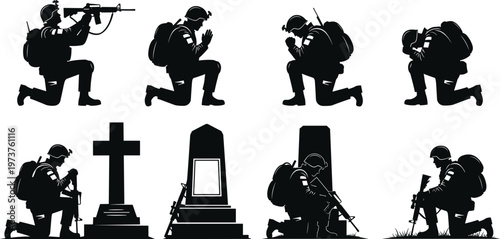 Soldier silhouette memorial tribute, military respect artwork, fallen hero honor, kneeling soldier illustration, patriotic remembrance design, grave marker concept