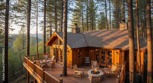 Rustic brown log cabin surrounded by tall pine trees with wooden deck and patio furniture