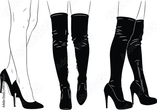 High heel shoes silhouette, knee high boots illustration, fashion footwear artwork, stylish women shoes, elegant design concept, black white icon