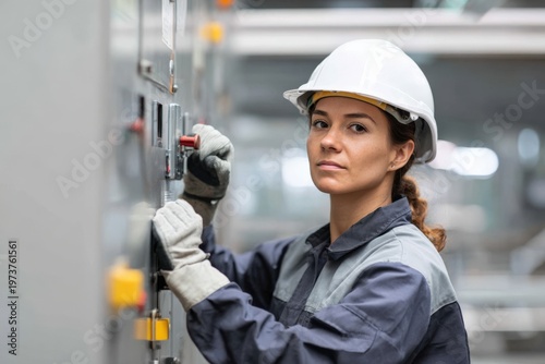 A woman in a hard hat and work uniform adjusts controls on heavy machinery