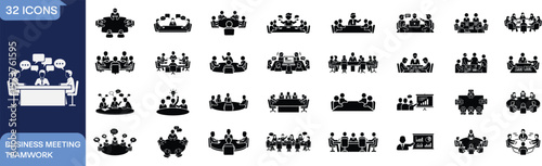 Business meeting teamwork icon set collection, corporate boardroom collaboration discussion leadership conference communication strategy vector silhouettes pack
