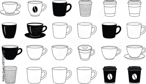 Coffee cup silhouettes collection vector illustration, mug and takeaway cups set, hot drink icons, cafe beverage design, black outline elements