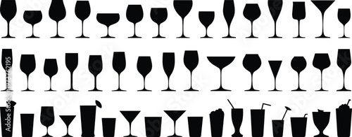 Drink glass silhouettes collection vector illustration, cocktail wine glasses set, bar beverage icons, black shapes, alcohol drinkware, modern design elements