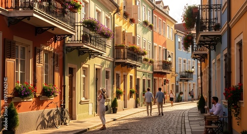 Charming european street with colorful buildings and people walking summer cityscape scene