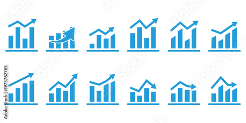 Growing graph set. Financial profit blue line and solid icon set. Containing arrow up, growing graph. Profit growth sign. Business chart icon.