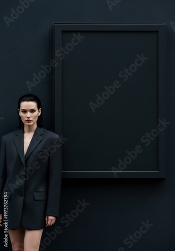 Elegant woman in black blazer posing next to a blank picture frame