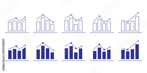 Growing graph set. Financial profit blue line and solid icon set. Containing arrow up, growing graph. Profit growth sign. Business chart icon.