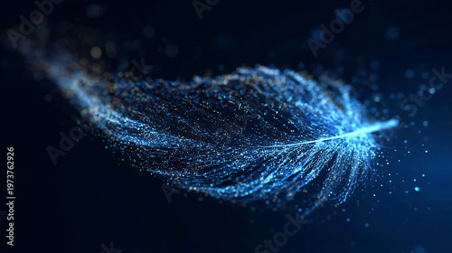 A digital art of a blue feather with sparkling lights on a dark background. The feather appears to be floating in space, and the lights give it a sense of movement and lightness.