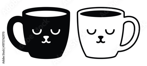 Two cute cartoon coffee mugs with sleepy faces, black and white