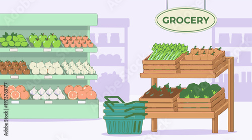 Fresh Produce Display in a Grocery Store with Fruits and Vegetables