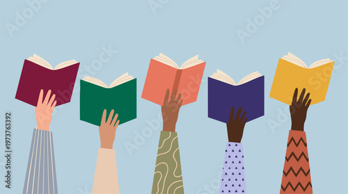 Diverse hands holding colorful open books, symbolizing education and literacy