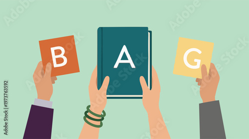 Hands holding letter cards and book spelling BAG word concept