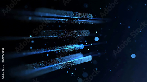 Abstract illustration of interconnected digital network, with light streaks, dots, and a gradient blue background. The illustration represents the concepts of connectivity, information.