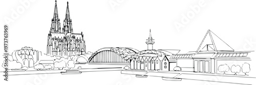 Continuous single line drawing of Cologne skyline, Germany city landmark outline