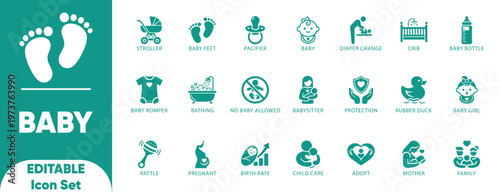 Baby icon set. mother, crib, family, pacifier, baby girl, babysitter, adopt, rattle, baby, and solid icons.