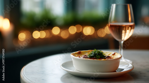 A gourmet dish and wine glass on the table, inviting viewers to a delectable experience. The image evokes feelings of luxury, dining, and culinary delights. 