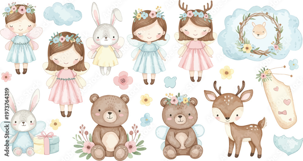 Fototapeta premium Whimsical illustration of children animals and fantasy creatures in pastel colors for kids and nursery designs