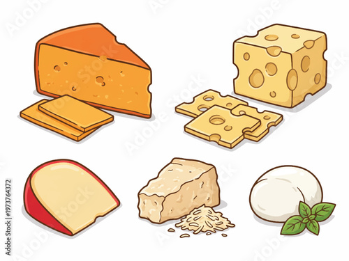 Set of different types of cheese  various cheese slices and wedges on white