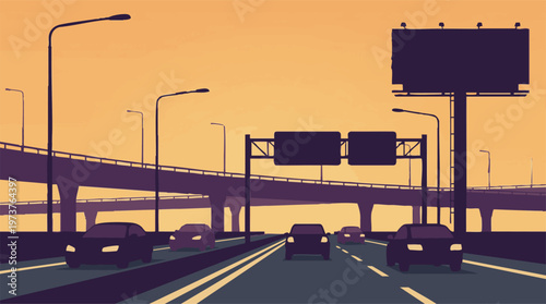 Flat design illustration of cars on a highway with overpasses and streetlights