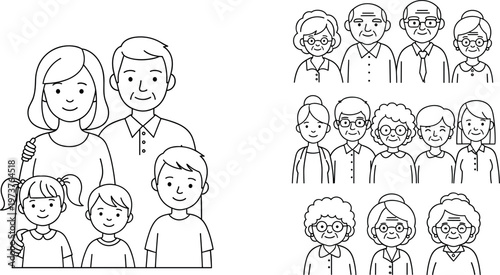 Family People Avatar Line Icon Set with Diverse Characters Groups Parents Children and Community Members Simple Outline Illustration Collection