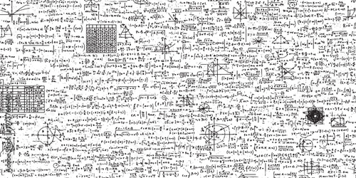 Abstract pattern of complex mathematical equations and scientific formulas with black and white with research paper