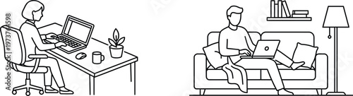 A man and woman work remotely on their laptops in different settings.