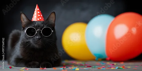 Obraz Black cat wearing party hat and round sunglasses sitting on floor with colorful balloons and scattered confetti on dark background, funny animal concept