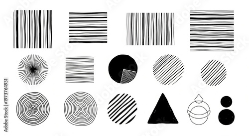 Hand drawn abstract minimal element mid century set. Aesthetic contemporary stripe line art, geometric shape in monochrome.
