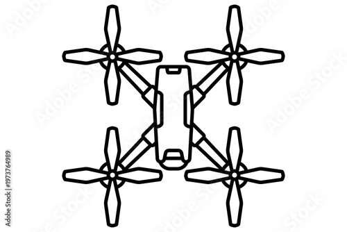 Quadcopter drone top view in clean line style. Minimal vector icon with four propellers, isolated on light background, ideal for technology, aerial photography, delivery, mapping and UI design.
