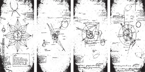 Vintage blueprint schematics with grunge texture overlay with technical drawing with black and white with line art with hand drawn with navigational chart with star chart with compass rose