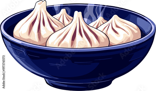 Chinese dumplings in blue bowl, traditional dim sum asian food illustration