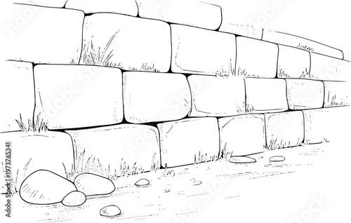 Hand Drawn of Ancient Stone Wall with Grass and Pebbles White Background rock masonry