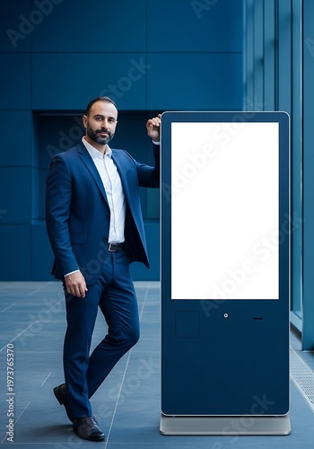 Professional Businessman Standing Next to Blank Digital Kiosk Signage in Modern Corporate Office Building Lobby Area for Advertising Presentation