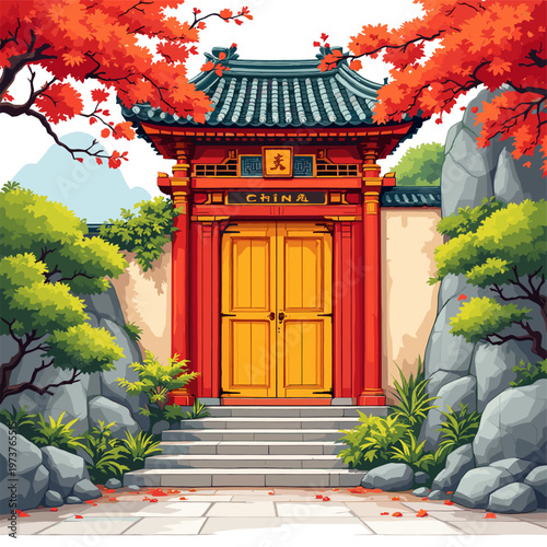 Chinese traditional gate in mountain landscape, asian temple entrance illustration
