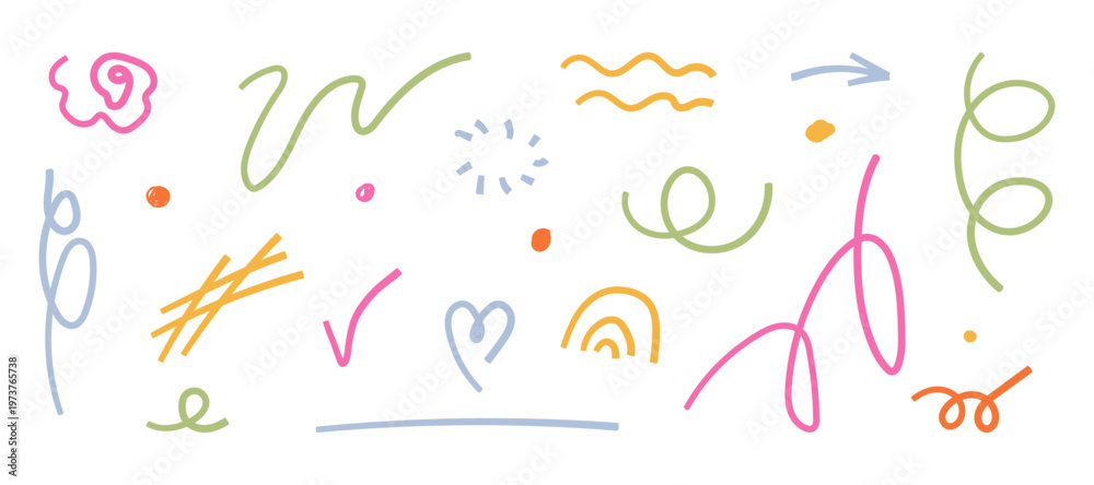 Obraz premium Hand drawn doodle elements. Handwritten motion line sketch set. Underlines in pen brush style. Pastel color crayon icon set. Isolated vector illustration for journal, poster, collage, scrapbook.