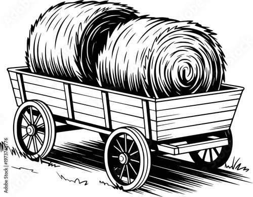 Vintage Wooden Wagon Loaded With Round Hay Bales A White Background cart straw