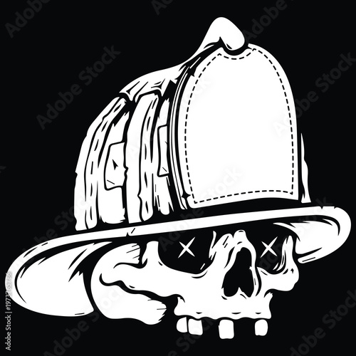 Quadro su tela Firefighter skull wearing traditional leather helmet vector illustration for fire department apparel and rescue squad mascot