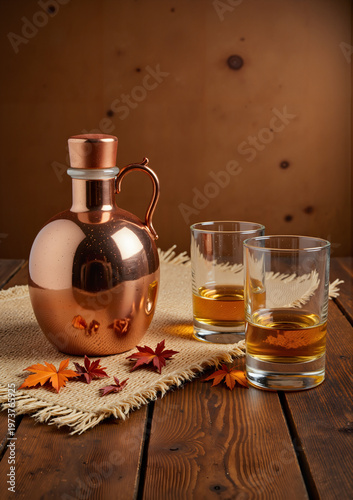 Copper jug with whiskey glasses and autumn leaves for Thanksgiving  