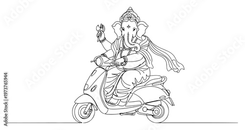 Ganesha riding modern scooter in funny minimalist continuous line art style