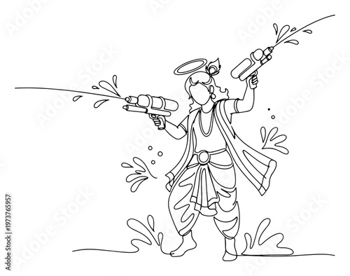 Krishna playing Holi festival with water guns in minimalist continuous line art style