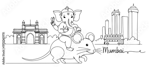 Lord Ganesha riding mouse in front of Mumbai skyline and Gateway of India in line art style
